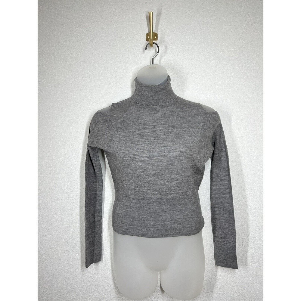 Vince Small S Cold Shoulder Wool Turtleneck Sweater Gray Thin Knit